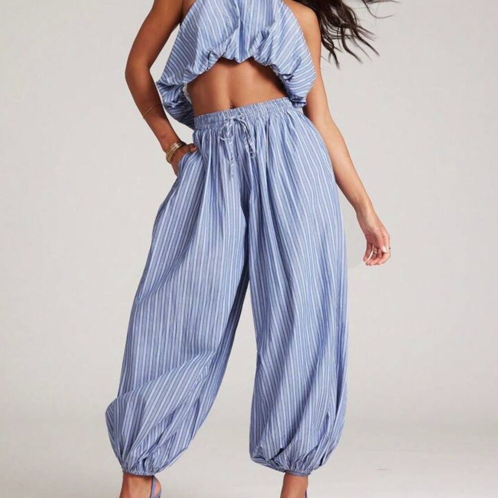 Blue Striped Halter Crop Top & Balloon Pant Two-Piece Set Women’s XS Boho Indie